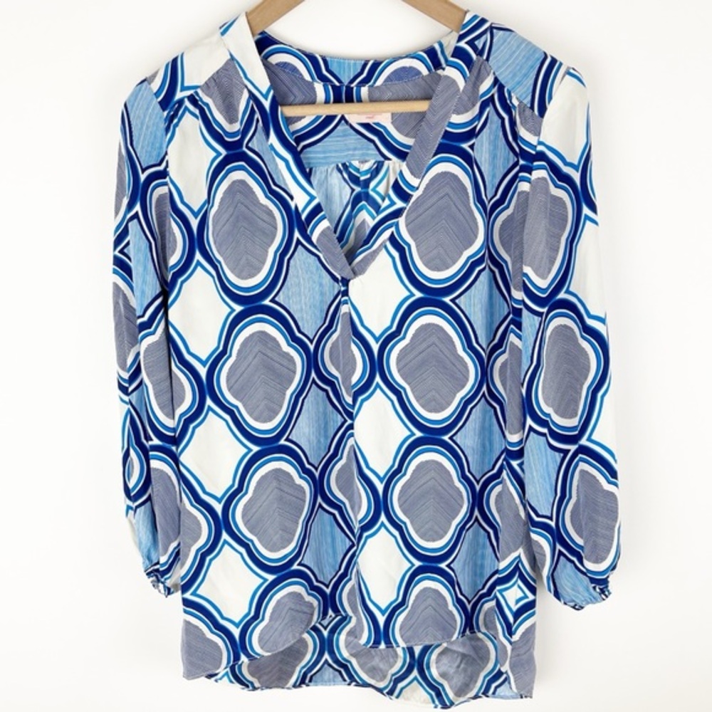 Nell 100% Silk Geometric Blue Blouse Size Small